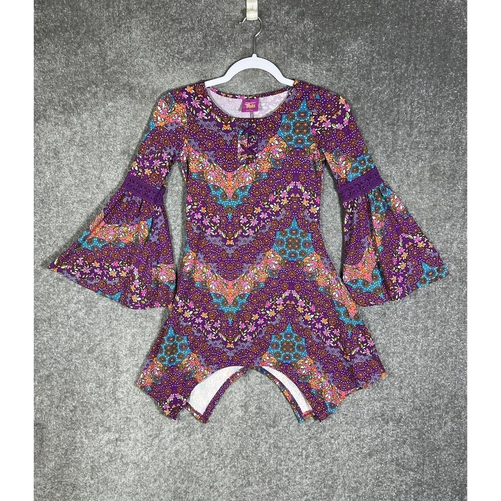 Dreamworks TROLLS Floral Crochet Sharkbite Hem Bell Sleeve Dress Girls Sz Small